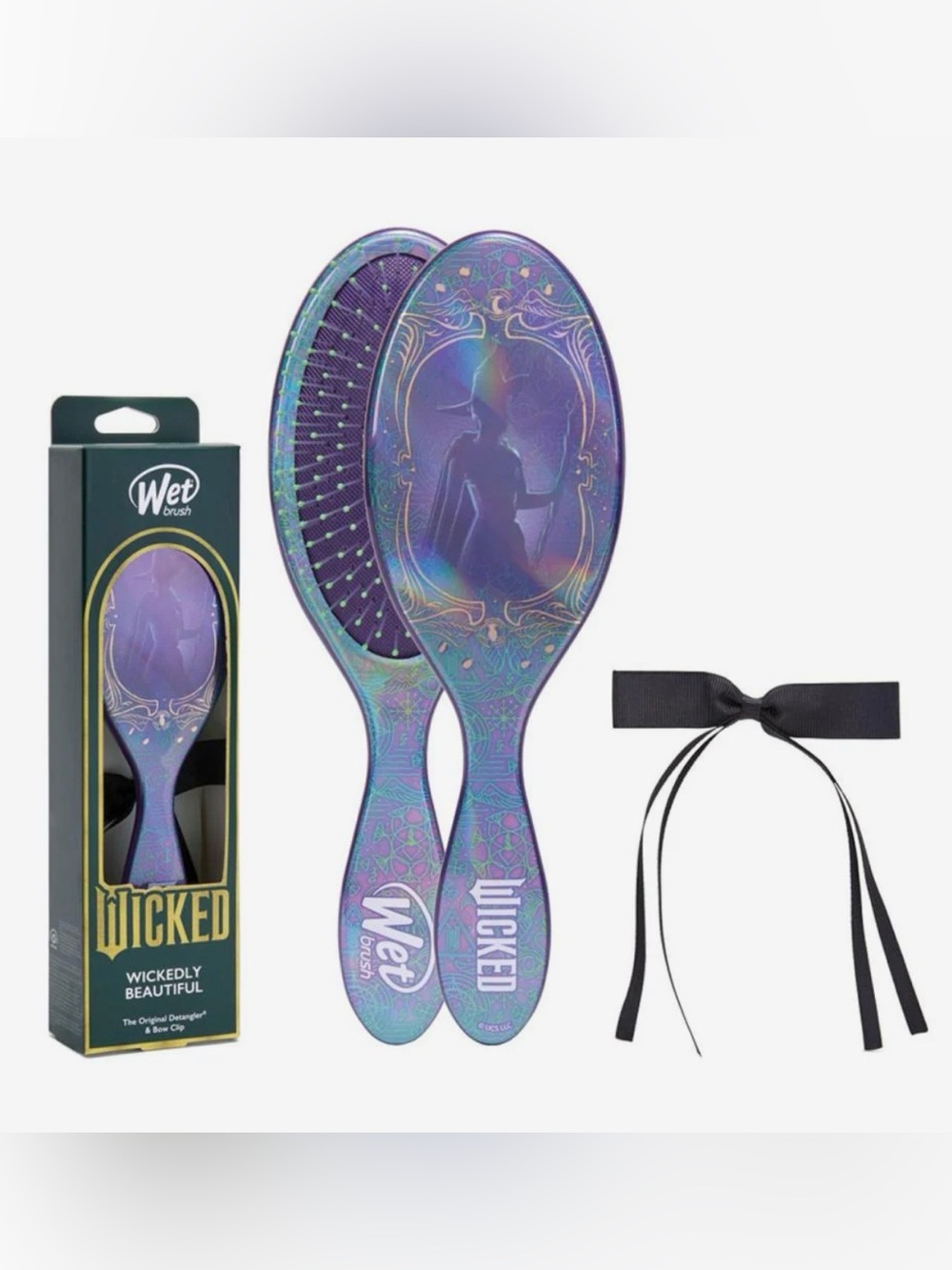 Wet Brush Wicked Detangler - Iridescent Purple Green Design black bow included